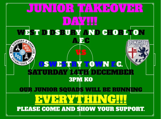 Junior Takeover: West vs Oswestry Town, Saturday 14 December  